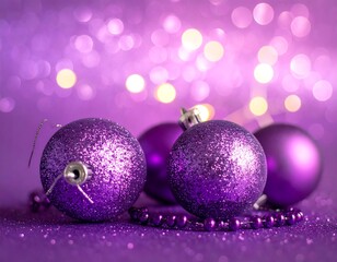 Elegant christmas background with purple ornaments and festive bokeh lights