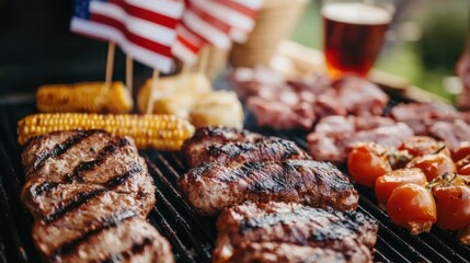 Grilled meats and vegetables at outdoor bbq with american flags. 4th of July, USA Independence Day, Labor Day