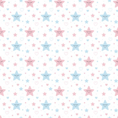 Cute dreamy star seamless pattern in pink and blue tones. Pastel stars pattern with sleepy faces