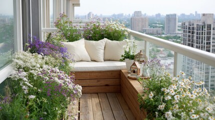 Obraz premium Urban balcony oasis with lush flowers and city view