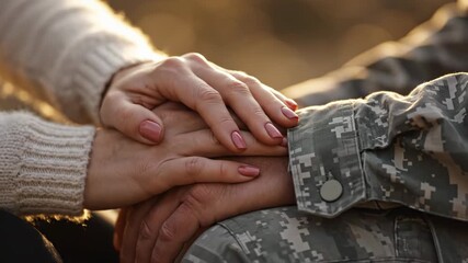 Closeup of a womans comforting hands gently resting on the arm of a soldier wearing a camouflage uniform outdoors at sunset