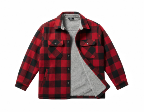 Red and Dark Plaid Flannel Shacket with Light Grey Sherpa Lining and Snap Buttons
