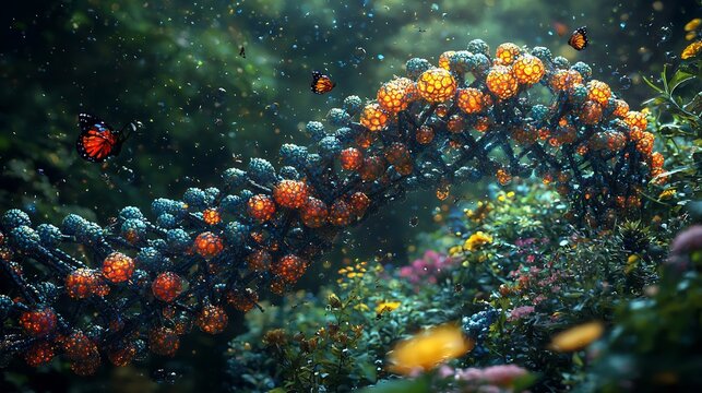 Fantastical dna structure amidst vibrant floral life and butterflies scene - Powered by Adobe