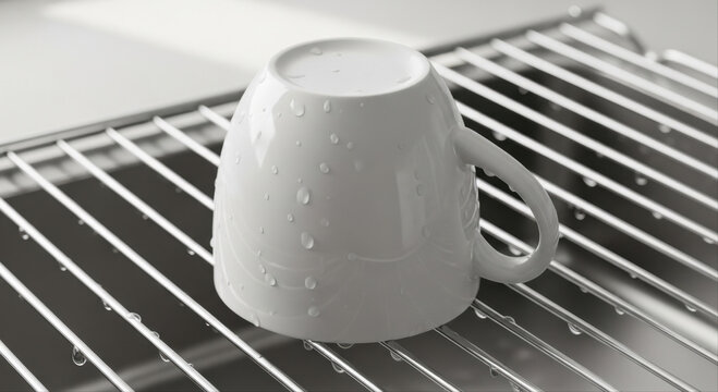 Clean white ceramic mug placed upside down on metal dish rack to dry with water drops close up