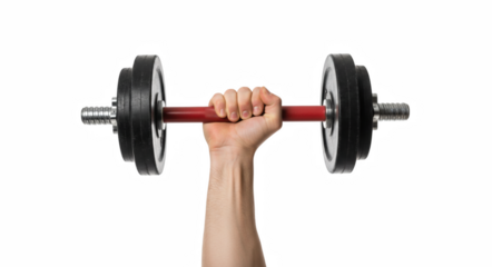 Strong arm gripping a red and steel weightlifting dumbbell against a deep, contrasting void