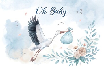 Whimsical watercolor illustration of a stork carrying a baby bundle in its beak against a soft blue watercolor background with floral accents © Rina_Akther