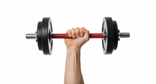 Strong arm gripping a red and steel weightlifting dumbbell against a deep, contrasting void