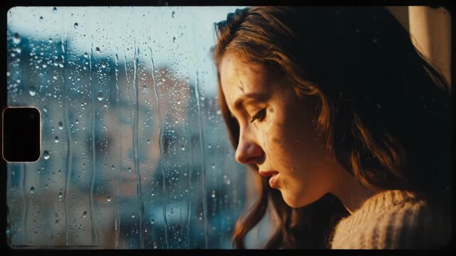 Young woman with eyes closed looking out of a window covered in rain drops with warm sunlight illuminating her face in a cinematic style
