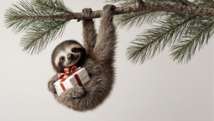 Obraz premium Cute Sloth Hanging on a Branch with a Christmas Gift.