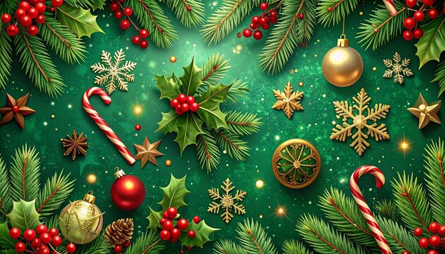 A vibrant green background covered in fresh pine needles, red holly berries, and an assortment of golden and red Christmas ornaments, including snowflakes, candy canes, and baubles.