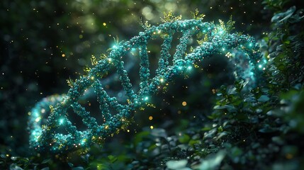 A dna helix intertwined with nature and glowing softly in a vibrant forest scene