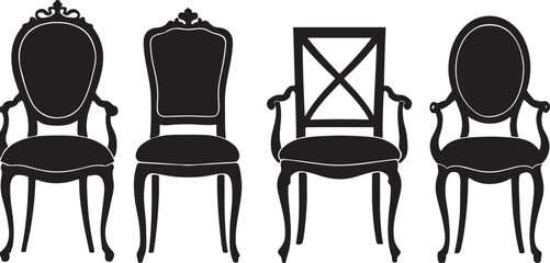Elegant antique chair set for sophisticated interiors, classic furniture designs for luxury homes and upscale restaurants, vector style furnishings silhouette a white backgraound