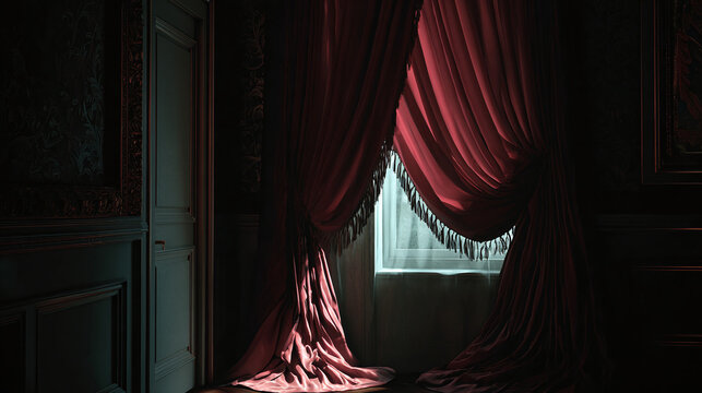 An old room with red curtains and a window. The dim light creates a mysterious atmosphere, hinting at secrets untold.