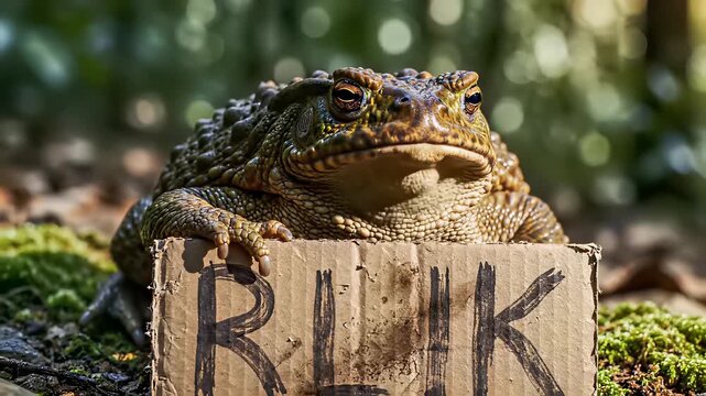 A toad perches on a box bearing distinct signs indicating versatility, creativity, and innovative partnerships, combining natural fibers with conceptual expression, perfect for use in.