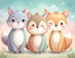 Obraz premium Cute whimsical children’s illustration of friendly animal characters, soft shapes, pastel colors, gentle outlines, playful and heartwarming mood, perfect for kids books, prints, and educational materi