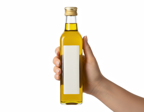 Hand holding a glass bottle of golden cooking oil with a blank white label against a dark field