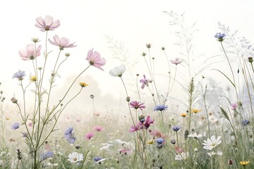 Soft focus meadow filled with delicate wildflowers in pastel pink white and purple hues on a bright hazy day