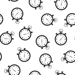 Stopwatch icon seamless pattern. texture with timer or watch, black sign on white background. Time alarm sign, monochrome pictograms. Wallpaper, template.