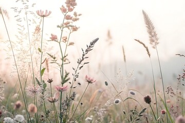 Soft focus close up of delicate wildflowers and tall grasses bathed in warm hazy sunlight creating a dreamy ethereal meadow landscape