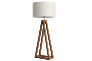 Modern floor lamp with wooden tripod base and a white cylindrical lampshade providing ambient illumination
