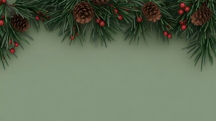 Christmas garland with pine cones and red berries on a green background
