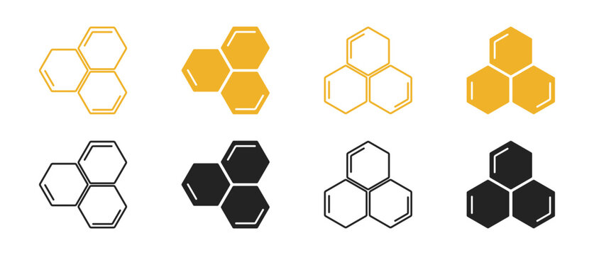 Bee Honeycomb Hexagon Icon Set on Transparent Background &ndash; Geometric Insect Hive Symbols for Nature and Technology Design