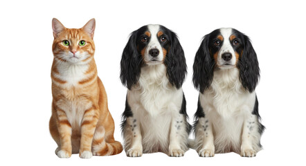 Ginger Tabby Cat Poses with Two Tri-Color Spaniel Dogs