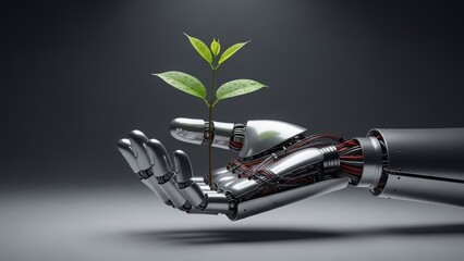 Robot hand holding a delicate green seedling with water droplets plant growth