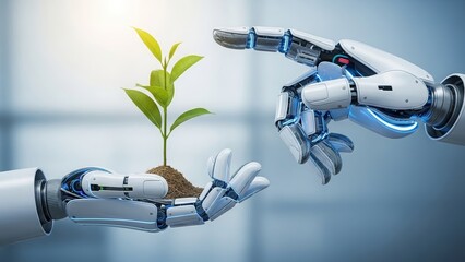 Robot hands nurturing a small green plant robotic artificial intelligence