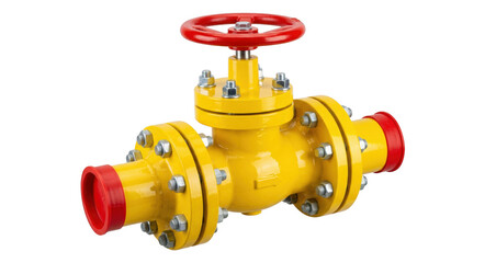 Industrial Flanged Gate Valve in Yellow with Red Handwheel and Protective Caps
