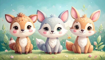 Obraz premium Cute whimsical children’s illustration of friendly animal characters, soft shapes, pastel colors, gentle outlines, playful and heartwarming mood, perfect for kids books, prints, and educational materi