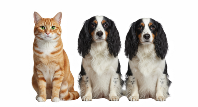 Ginger Tabby Cat Poses with Two Tri-Color Spaniel Dogs