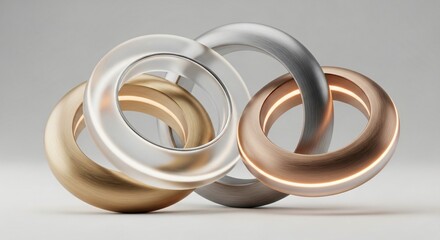 Four metallic rings in gold, silver, and rose gold intricately interlocked against a clean white background, showcasing unity and modern design.