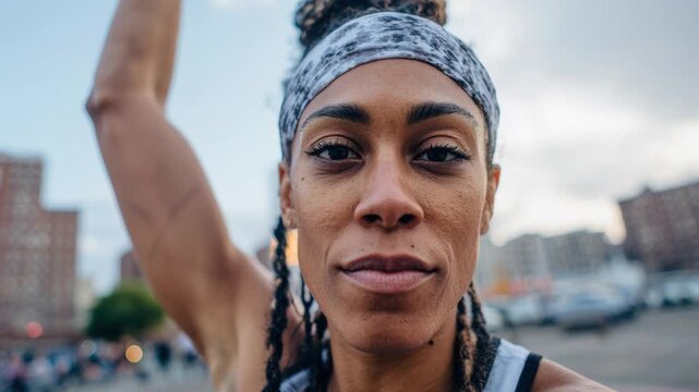 Young female athlete on outdoor court, intense close-up of player preparing shot and layup, braided hair with beads, visible arm tattoos, yellow jersey, city