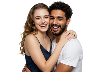 Young caucasian woman and middle eastern man embracing closely, laughing joyfully with closed eyes against a seamless transparent background, radiating genuine happiness concept of profound love