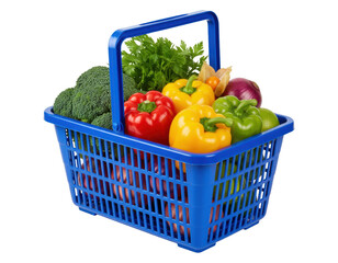 Vibrant assortment of fresh vegetables and produce in a blue plastic shopping basket