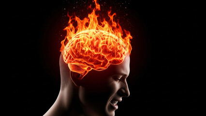 Obraz premium Human head with brain on fire symbolizing stress and mental overload