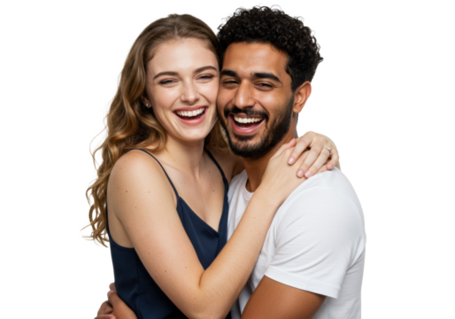 Young caucasian woman and middle eastern man embracing closely, laughing joyfully with closed eyes against a seamless transparent background, radiating genuine happiness concept of profound love