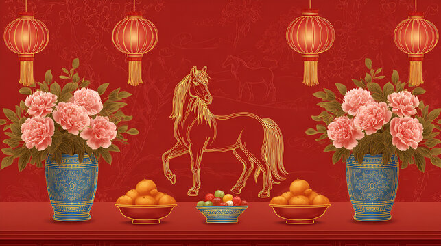 Chinese New Year festival, red background, decorated with two red lanterns on both sides, with flower vases and offerings, golden outline of a horse stands prominently in the center against the wall.