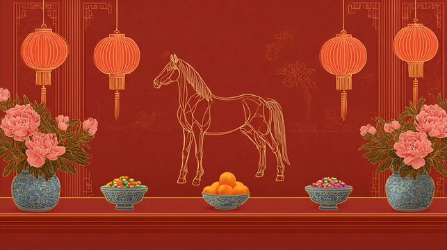 Chinese New Year festival, red background, decorated with two red lanterns on both sides, with flower vases and offerings, golden outline of a horse stands prominently in the center against the wall.