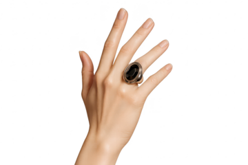 Woman's hand with a large black ring on transparent background, jewelry shot