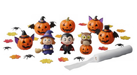 Cute halloween witch, vampire, and pumpkins with spooky details