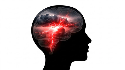 Obraz premium Silhouette of a human head with a stormy lightning brain inside