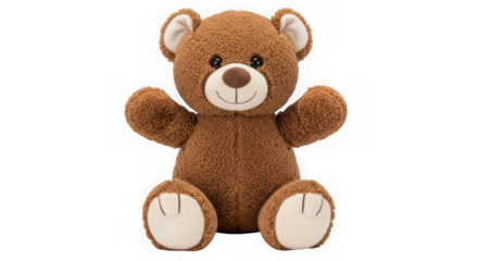 Classic brown teddy bear sitting with open arms smiling warmly