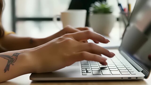 Intensive laptop user intensely typing away with distinctive hummingbird tattoo on their arm, capturing the concept of focused creativity and personal expression, evoking feelings of innovative.