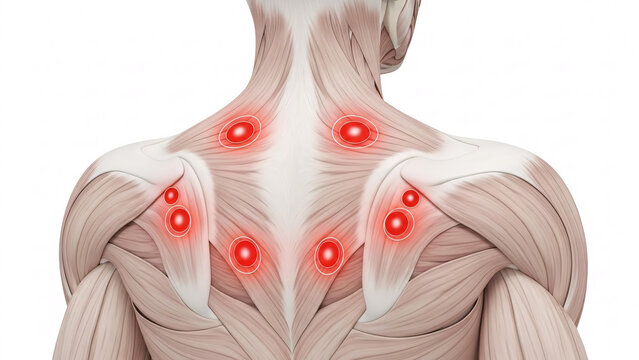 Human anatomy illustration showing trigger points in the upper back and neck muscles