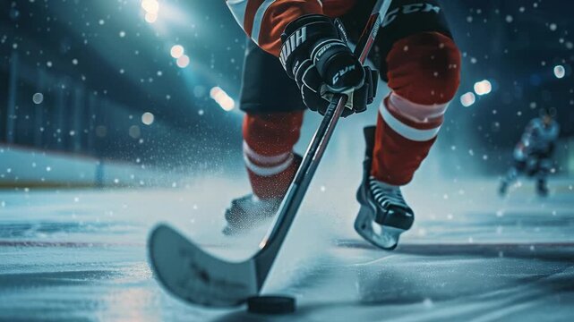 white male hockey player charging camera on fast ice rink, stickhandling puck, motion blur streaks, arena lights, intense gaze through visor, red and black