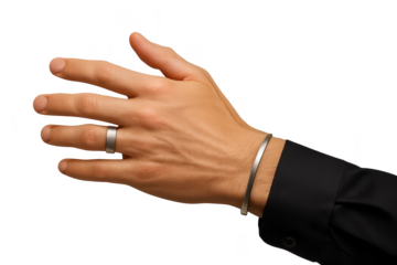 Man's hand with silver ring and bracelet isolated on transparent background