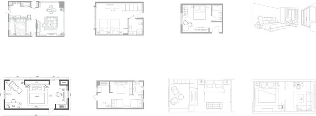 Architectural Floor Plans of Various Apartment and Hotel Room Designs