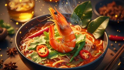 Steaming Bowl of Spicy Noodle Soup with Shrimp and Chili Peppers noodles ramen